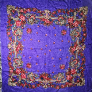 Vintage Glentex 100% Acrylic Purple w/Red Roses Frayed Edge Made in Japan 1970
