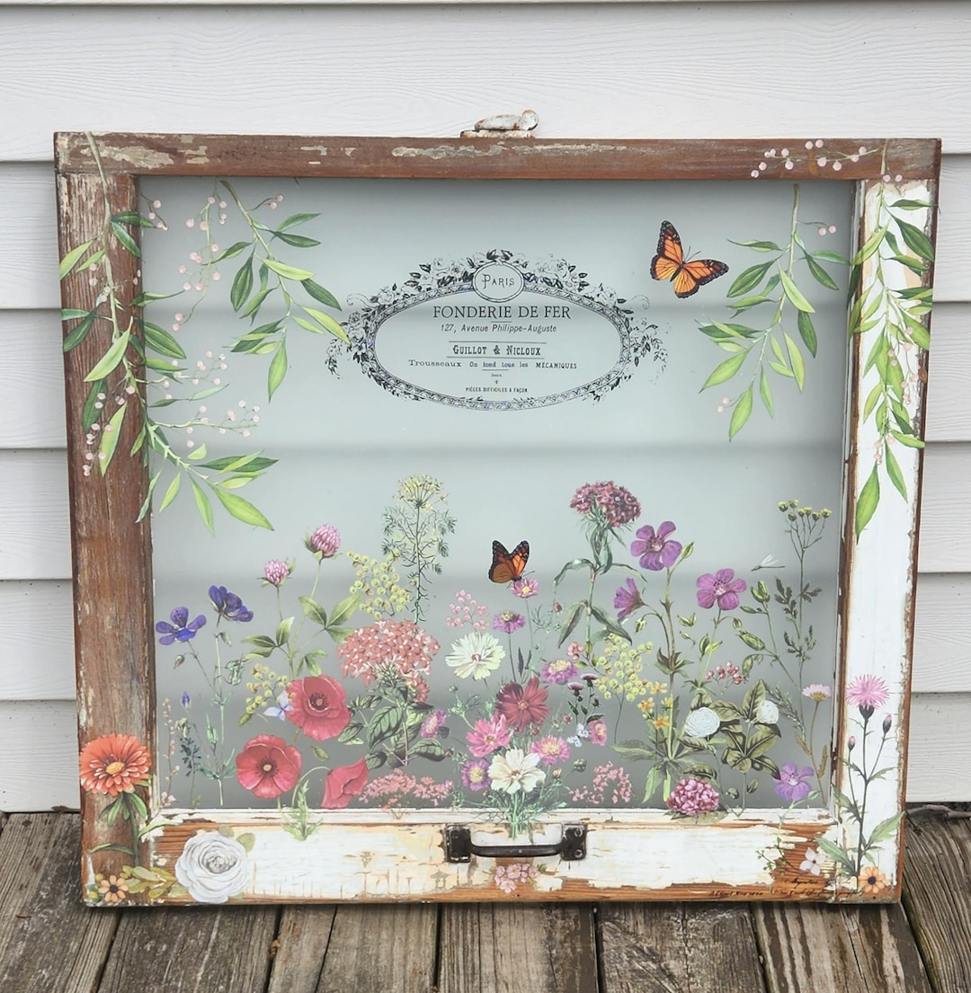 SOLD** Antique Glass Wood Window Hanging With Floral Transfers *vintage ...