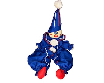Vintage Handmade Blue, Red, & White Sitting Clown Doll