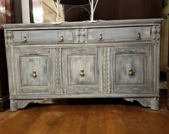 SOLD *French Country Sideboard*Sideboard*Buffet*Carved Wood Furniture*Dining Room Furniture* Painted Buffet*Blue Furniture*Distressed Buffet