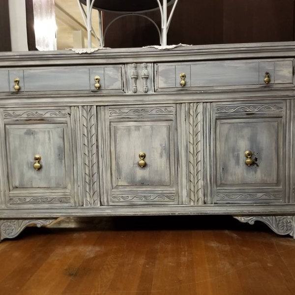 SOLD *French Country Sideboard*Sideboard*Buffet*Carved Wood Furniture*Dining Room Furniture* Painted Buffet*Blue Furniture*Distressed Buffet