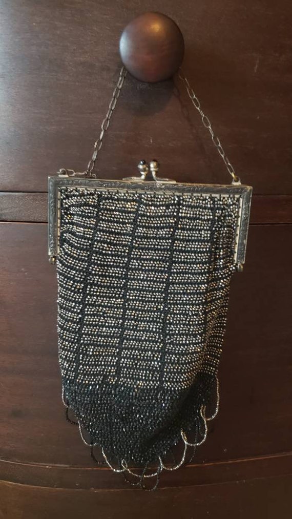 Vintage Beaded Bag*Beaded Purse*Black and Silver b