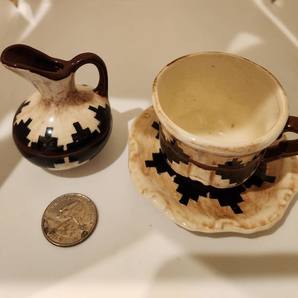 Vintage Navajo Designed Miniatures Coffee Mug Hot Tea Cup and Saucer or Jug Glazed Stoneware Signed