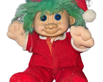 Vintage Russ Christmas Troll Baby Doll In Feetie Pajamas