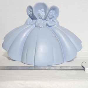 Könnte beinhalten: Hellblaue Keramikfigur mit drei Frauen in Kleidern und Hauben. Die Figur hat einen gewellten Sockel und ist wahrscheinlich ein Dekorationsartikel. Das Design erinnert an einen Vintage- oder antiken Stil.