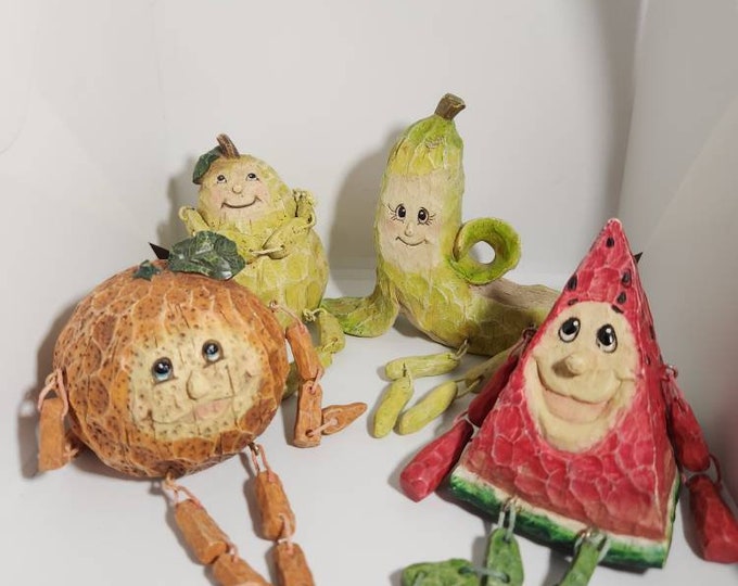 Four Anthropomorphic Fruit Sitters Orange Banana Watermelon Pear Etsy