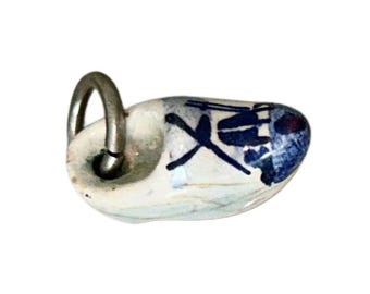 Miniature White & Blue Ceramic Dutch Shoe Vintage Necklace Pendant