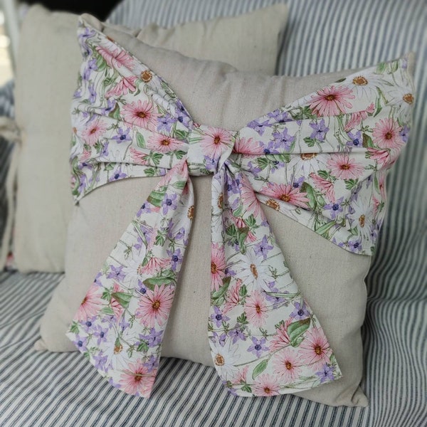 Bow Pillow with Insert*Drop cloth pillow*Bow Pillow*Rustic Spring Pillow*Bow Daisy Pillow*Farmhouse Pillow* Handmade* Bow Farmhouse Pillow