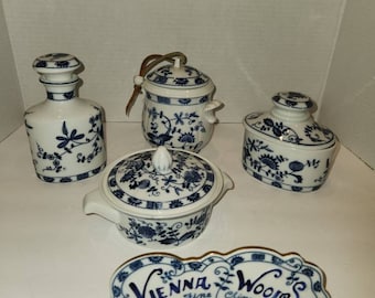 Vintage Vienna Woods Delft Blue Lidded Dish, Bottle, Tea Jar