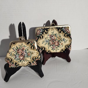 Vintage Needlepoint Coin Key Chain Pouch and Black Small Clutch Purse