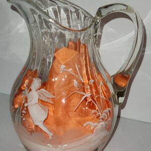 Vintage Bown Glass Ribbed Hand Painted OOAK Juice Iced Tea Pitcher 9&quot;