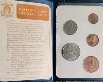1968-71 Primo set di 5 monete decimali della Gran Bretagna con scheda informativa originale