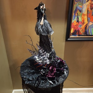 Handcrafted Purple Black Glitter Lighted Witches Hat Halloween Decor