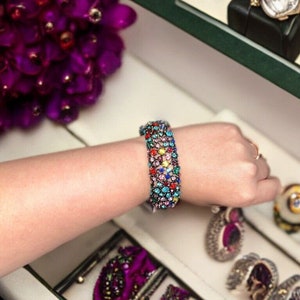 Vintage Silver Tone Clamper Hinged Bangle Bracelet Rainbow Rhinestones