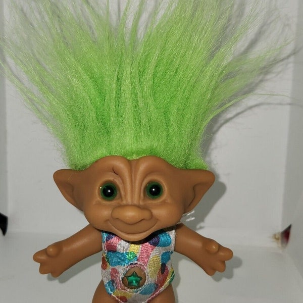 Vintage Ace Novelty Neon Green Star Jewel Belly Troll 5" + 4" Hair (9" total)