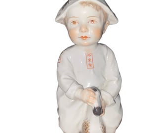 Rare 1900&#39;s Meissen Konrad Hentschel Child with Paper Hat German Porcelain Figurine with Blue Sword