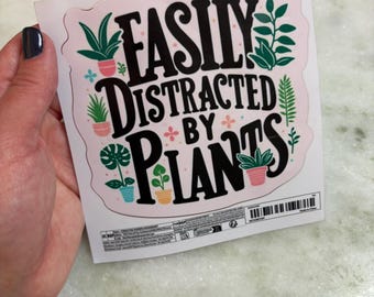 Easily Distracted By Plants Car Sticker Funny Quote Vinyl Decal Colorful Botanical Illustrations, Durable Weather Resistant Auto Decor