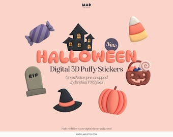 Halloween Theme - 3D Digital Puffy Stickers - GoodNotes Planner Deco Stickers - Cute Puffy Journal Stickers - PNG