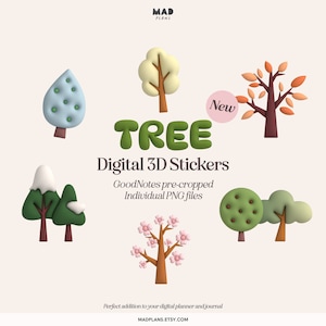 Op de afbeelding: Set van 7 digitale 3D-boom stickers voor GoodNotes. De stickers zijn voorgeknipt en worden geleverd in afzonderlijke PNG-bestanden. De bomen zijn in verschillende stijlen, waaronder een met sneeuw bedekte boom, een kersenbloesemboom en een herfstboom.