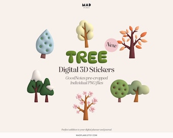 Op de afbeelding: Set van 7 digitale 3D-boom stickers voor GoodNotes. De stickers zijn voorgeknipt en worden geleverd in afzonderlijke PNG-bestanden. De bomen zijn in verschillende stijlen, waaronder een met sneeuw bedekte boom, een kersenbloesemboom en een herfstboom.