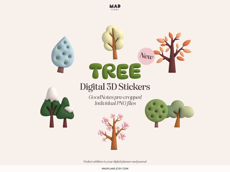 Op de afbeelding: Set van 7 digitale 3D-boom stickers voor GoodNotes. De stickers zijn voorgeknipt en worden geleverd in afzonderlijke PNG-bestanden. De bomen zijn in verschillende stijlen, waaronder een met sneeuw bedekte boom, een kersenbloesemboom en een herfstboom.