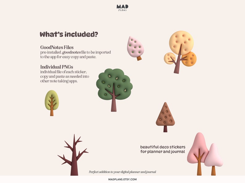Op de afbeelding: Een set digitale planner stickers met verschillende bomen in verschillende kleuren en stijlen. De stickers zijn ontworpen voor gebruik in GoodNotes en andere notitie-apps. De tekst "What's included?" staat bovenaan de afbeelding. De tekst "GoodNotes Files" en "Individual PNGs" is ook in de afbeelding opgenomen.