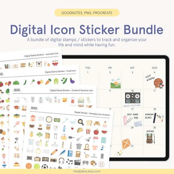 Digital Icon Sticker Bundle – GoodNotes Sticker, Individual PNGs, Digital Planner Sticker - Icons for digital journaling