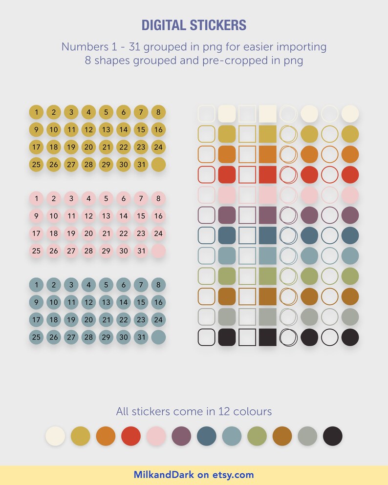 Digital Planner Stickers Numbers 131 Shape Stickers 12 Etsy