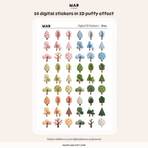 Op de afbeelding: Een digitale stickervel met 54 boomillustraties in een 3D-puffy-stijl. De bomen zijn in verschillende kleuren, waaronder roze, blauw, groen, bruin en geel. Het vel is gelabeld met "Digital 3D Stickers - Tree".