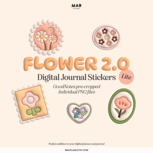 May include: A collection of digital journal stickers with flower designs in pastel shades. The image displays the text "FLOWER 2.0 Digital Journal Stickers Lite" and "GoodNotes pre-cropped Individual PNG files."
