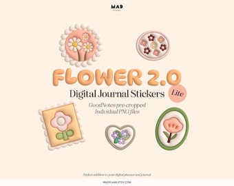 Op de afbeelding: Digitale journalstickers met bloemmotieven in pastelkleuren. De afbeelding bevat de tekst "FLOWER 2.0 Digital Journal Stickers Lite" en "GoodNotes pre-cropped Individual PNG files."