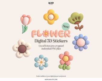 Flower Deco - 3D Digital Planner Stickers - Planning Essential GoodNotes Planner Stickers - Cute Puffy Journal Stickers - PNG