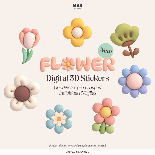 Flower Deco - 3D Digital Planner Stickers - Planning Essential GoodNotes Planner Stickers - Cute Puffy Journal Stickers - PNG