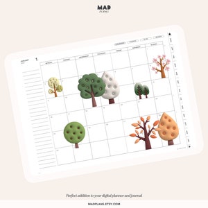 Op de afbeelding: Een witte digitale planner met een januari 2023 kalenderrooster. Het kalenderrooster heeft illustraties van bomen in verschillende kleuren en stijlen, waaronder groen, bruin, wit en roze.