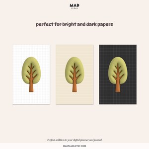 Op de afbeelding: Drie illustraties van een groene boom met een bruine stam op verschillende achtergronden: wit met een rasterpatroon, beige met een gestreept patroon en zwart met een rasterpatroon. De tekst "MAD PLANTS" en "perfect for bright and dark papers" staat bovenaan de afbeelding. De tekst "Perfect addition to your digital planner and journal" en "MADPLANS.ETSY.COM" staat onderaan de afbeelding.