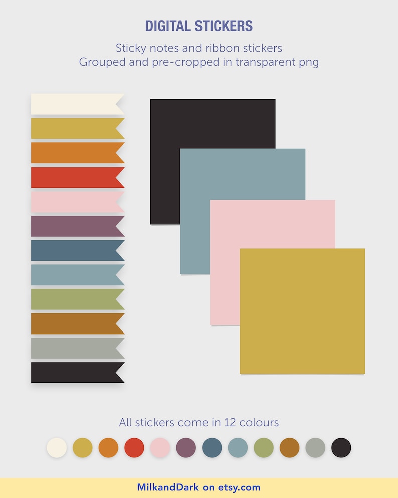 Digital Sticky Notes and Ribbons, Planner Stickers, 12 Vintage Colours ...