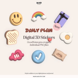 Plan quotidien - Autocollants de planificateur numérique 3D - Planning Essential GoodNotes Planner Stickers - Cute Puffy Journal Stickers - PNG