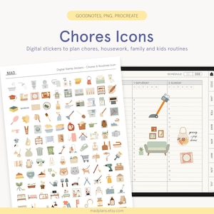 Chores & Routines Icon Digital Stickers - Goodnotes Sticker book - Cleaning Icons, Functional Stickers, Housework Kid Routines