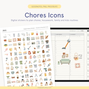 Chores & Routines Icon Digital Stickers - Goodnotes Sticker book - Cleaning Icons, Functional Stickers, Housework Kid Routines