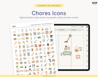 Chores & Routines Icon Digital Stickers - Goodnotes Sticker book - Cleaning Icons, Functional Stickers, Housework Kid Routines