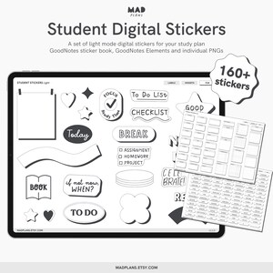 以下が含まれることがあります： デジタルプランナーで使用できる、160種類以上の白黒のデジタルステッカーがセットになった、学生向けのステッカーパックです。ステッカーには、「To Do List」、「チェックリスト」、「休憩」、「集中学習時間」、「良い」、「本」、「今日」、「今すぐでなければいつ？」、「やること」などのラベルが含まれています。