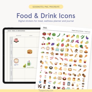 Food & Drink Icons Digital Stickers - Goodnotes Sticker book, Fruits, Vegetables, Coffee, Tea, Desserts, Kitchen Tools, Meals