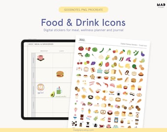 Op de afbeelding: Een digitale plannerpagina met een boodschappenlijstje voor de week. De pagina is verdeeld in dagen van de week en maaltijden. Er zijn kleurrijke pictogrammen van eten en drinken op een apart vel. De pictogrammen zijn bedoeld voor gebruik in digitale planners en dagboeken.