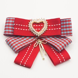 Lovely Cute brooch, Red Ribbon Brooch with Heart Charm, Handmade Bow Brooch, Necktie Ribbon, Bow Tie for woman, Necktie for Woman