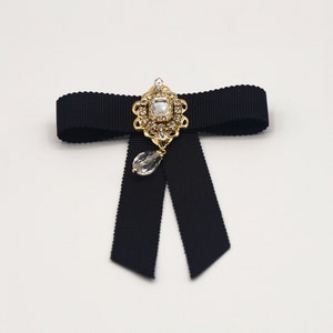 Black Ribbon Brooch with Special Charm, Black Ribbon bow tie with gold color charm, bow tie accessories for dress shirt, black necktie