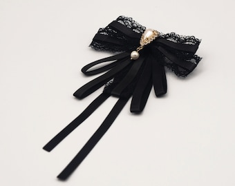 Black Lace Ribbon Brooch with Pearl Charm, Black Necktie Brooch, Bow Brooch, Long Bow Tie for woman, Necktie for Woman