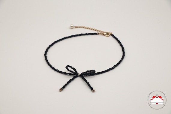 Black Beaded Ribbon Choker Necklace, Ribbon Choker for Dress  display picture 3
