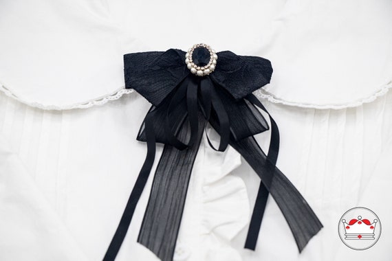 Black Lace Ribbon Brooch, Black Necktie Brooch, Bow Brooch, Long Bow Tie for woman, Necktie for Woman