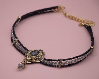 Vintage Style Black Crystal Choker Necklace, Crystal Beaded Elegant Black Choker Necklace, Sexy Black Jewelry, Black Choker, Black Necklace