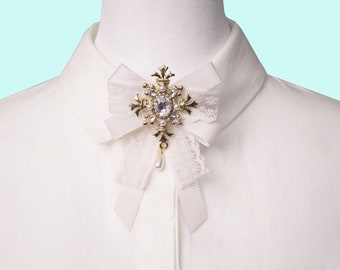 Gothic Style Pure White Ribbon Brooch, Bow Brooch, Bow Tie for woman, Necktie for Woman